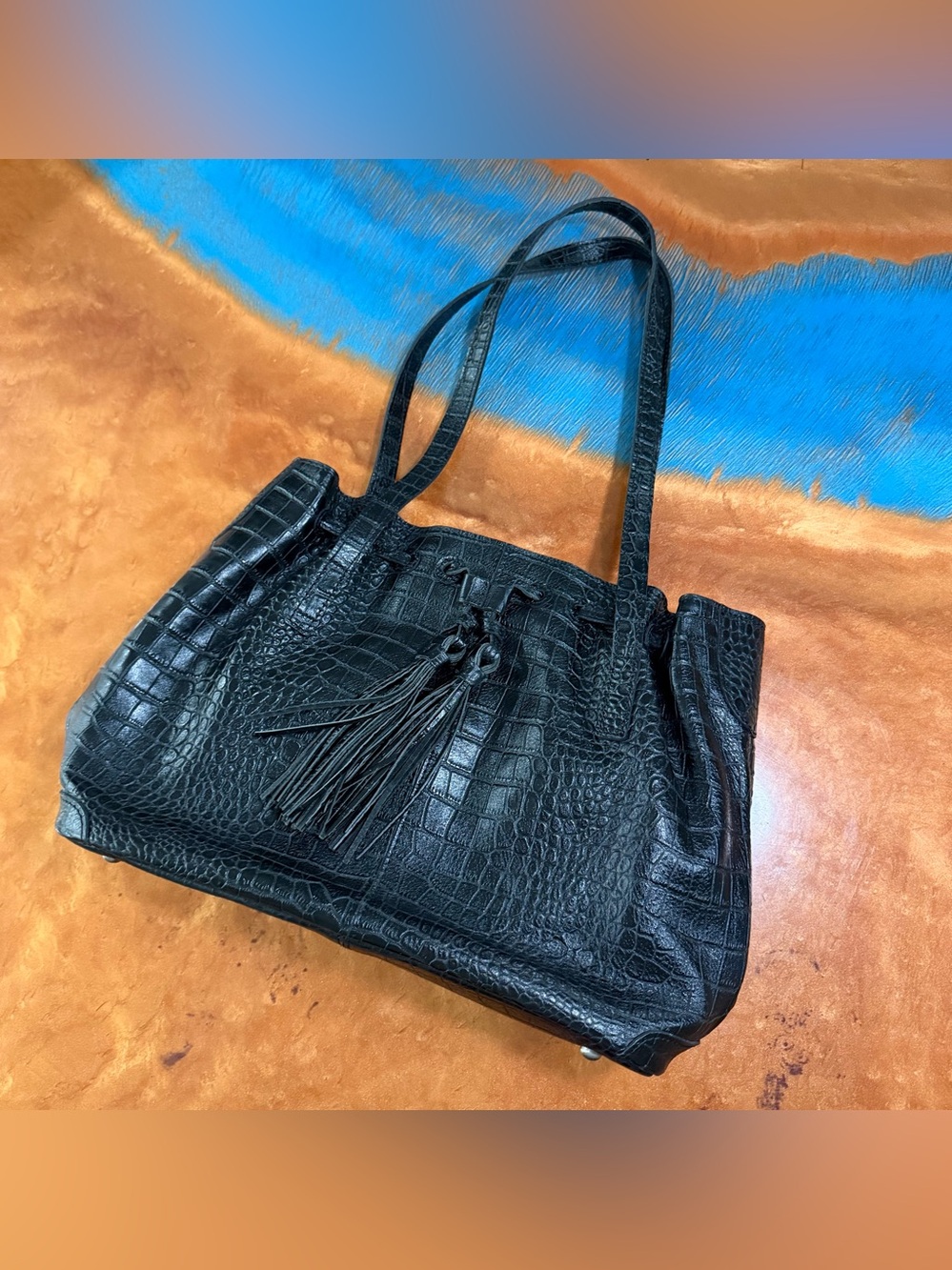 Patricia Nash Witney Black leather Croc-Embossed Tassel Tote